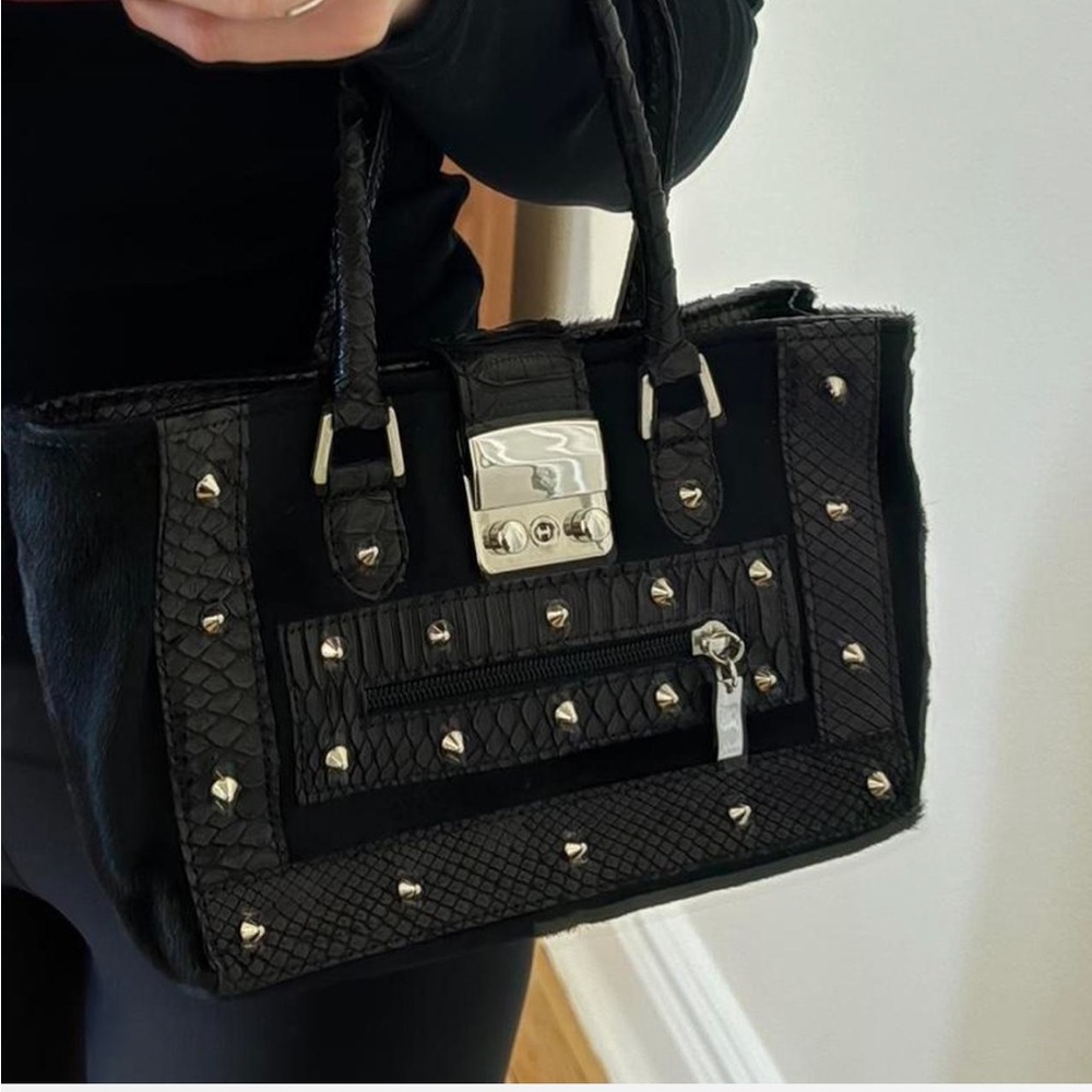Studded black leather and pony hair handbag